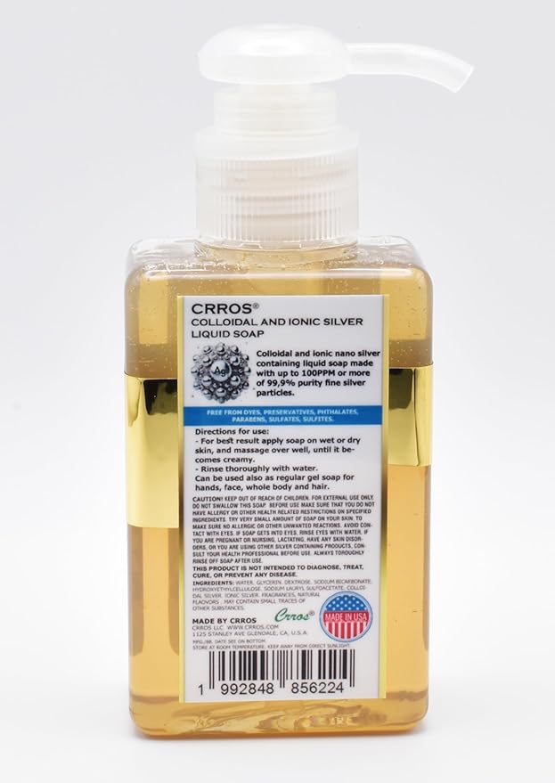 colloidal silver soap natural glycerin soap liquid skin cleanser for hands face body wash extra strenght sulfate SLS SLES parabens phthalates free soft fresh scent nanosilver gel with pump