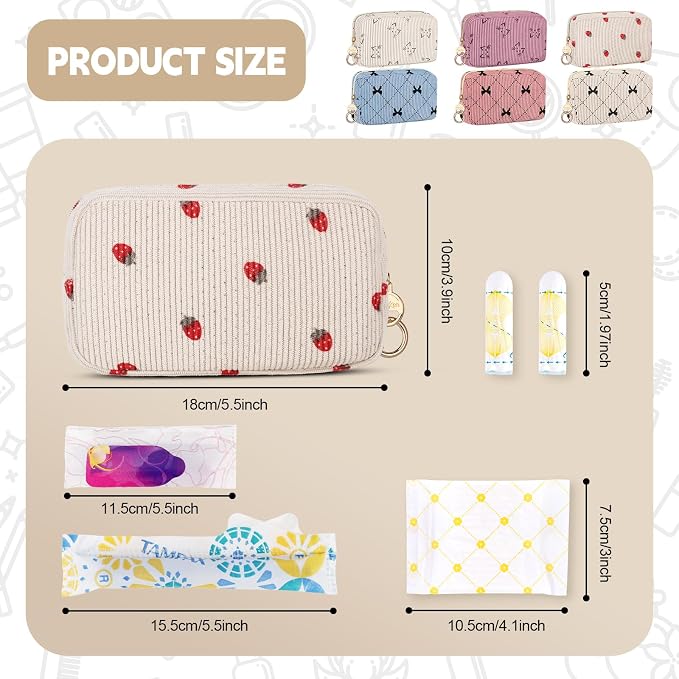 Corduroy Tampon Holder for Purse, Cute Period Bag with Ring Buckle, Portable Tampon Bag Organizer Case for Feminine Products (Bow-Beige)