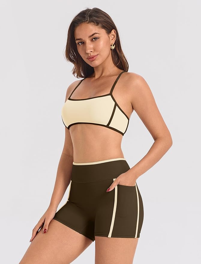 ABOCIW Workout Sets for Women 2 Piece Color Block Strappy Sports Bra High Waist Shorts Gym Yoga Pilates Outfits