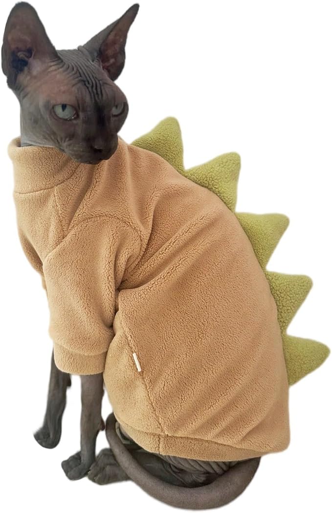 Khaki Dinosaur Sphynx Cat Clothes Sweater Hairless Cat Apparel | Soft, Elastic, Warm Polar Fleece,Winter Warm Outfit