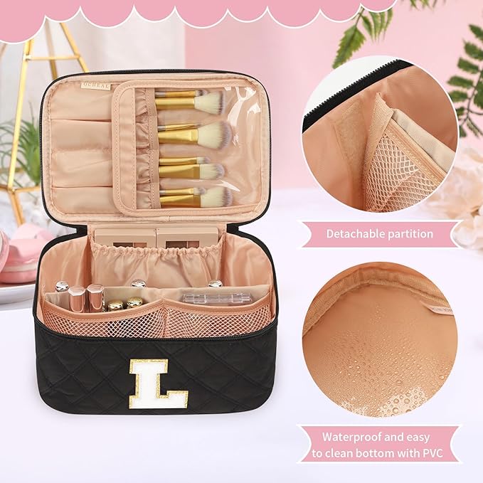 OCHEAL Makeup Bag Valentines Day Gifts for Women, Monogram Cosmetic Bag Black Travel Makeup Case Beauty Toiletry Bag Organizer Personalized Gifts for Girls Bridesmaid, Sister, Wife, Friends Initial L