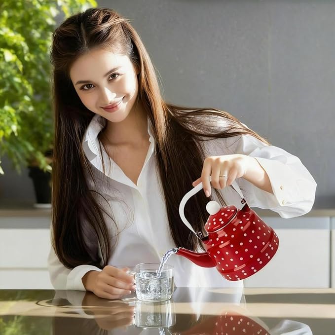 1.8 Quart Vintage Enamel Tea Kettle Stovetop,Enamel Water Kettle Teapot with Red and White Spots,Enamel on Steel Water Coffee with Handle,Hot Water Kettle for Hot Water,No Whistling,Wedding Gifts
