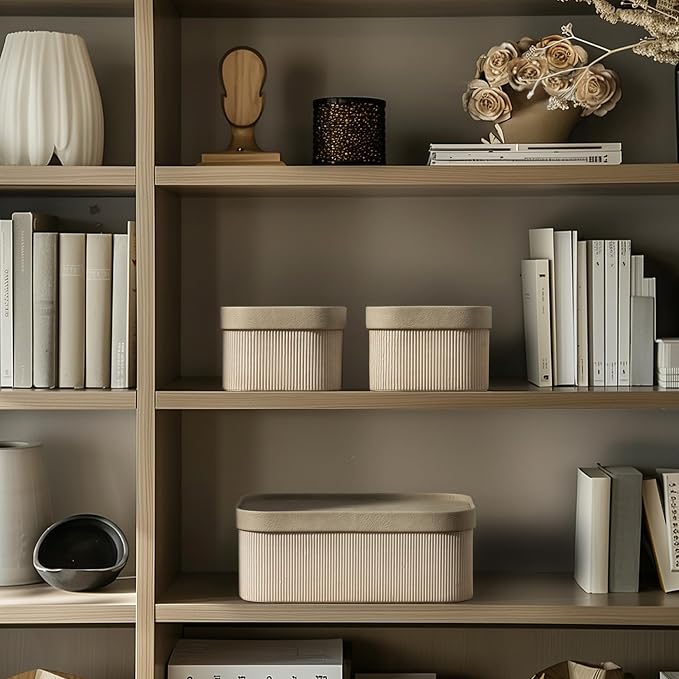 La Jolie Maison Decorative Storage Boxes with Lids Faux Leather, 3 Pack | Ivory Faux Leather Lids, Fluted Cardboard Storage Basket, Organizer for Jewelry, Shelves, Bedroom & Closet Storage Memory Box