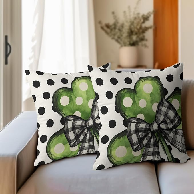 Kawani St Patricks Day Pillow Covers 16x16 Set of 2 Green Lucky Shamrock Leaf Polka Dots Pillowcase Cotton Linen Square Cushion Case for Couch Sofa Bedroom Living Room Outdoor Decor