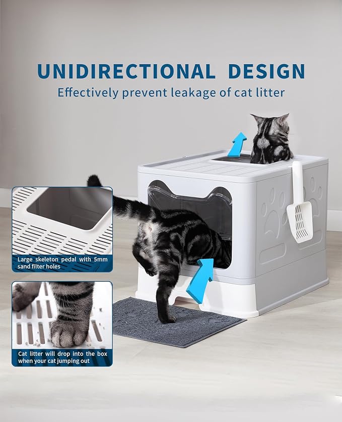 Medario Cat Litter Box with Litter Mat and Scoop (Grey) | Large Covered Litter Box with Lid, Enclosed Kitty Box, Front Entry Top Exit, Odor Control, Easy to Clean