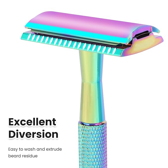 Keropy One Blade Safety Razor With Stand and 10 Premium Stainless Steel Reusable Safety Razor For Men and Women, Single Blade Safety Razors, Rainbow