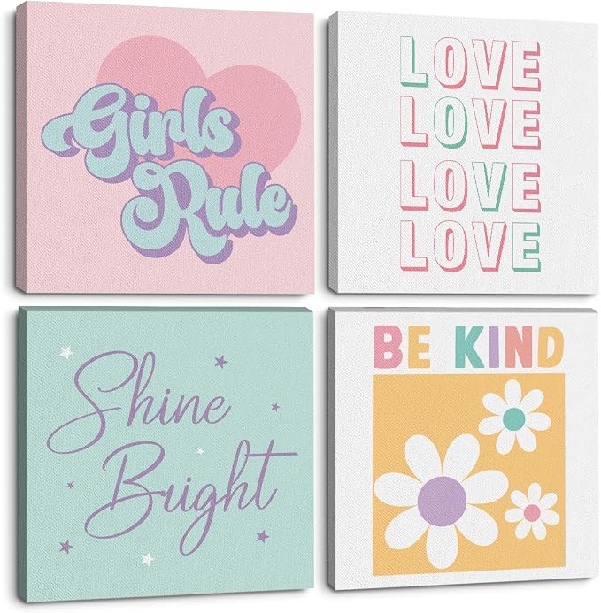 4 Pcs Girls Room Decor Posters Wall Art, Pink Colorful Prints for Teen Girl | Girl's Aesthetic Framed Posters Art Prints Artwork for Bedroom Playroom Rooms Home Decor 8 x 8 Inch