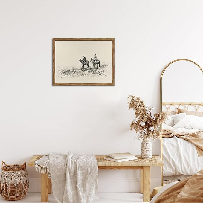Framed Western Wall Art, Cowboys on Horses Sketch Picture Print, Western Wall Decor, Vintage Country Farmhouse Western Cowboys Canvas for Living Room Bedroom Home 12x16 inch