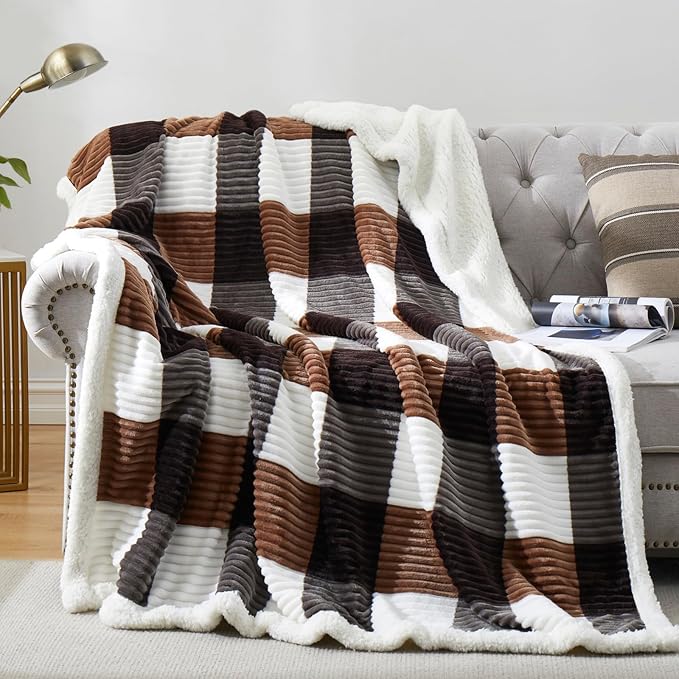 PU MEI Sherpa Blanket Full/Queen Plaid Thick Bed Blanket, 90”*80” Super Soft Flannel Fuzzy Fleece Reversible Velvet Plush Warm Blanket for Couch (Brown-Check, 80"*90")