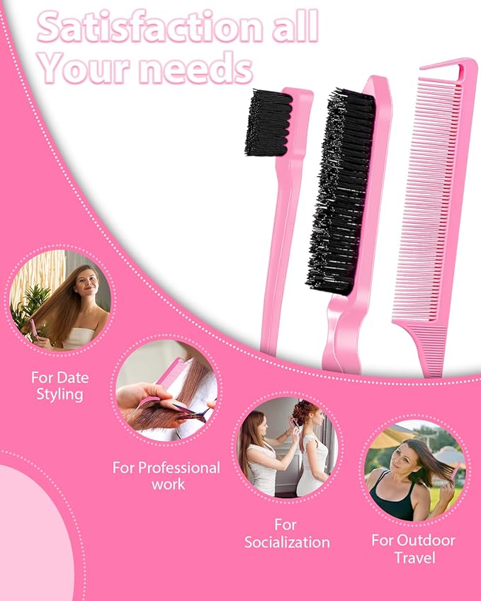 Slick Back Hair Brush, Edge Brush, Hair Accessories Comb Set 3Pcs, Rat Tail Comb for Parting Hair, Teasing Comb for Add Volume Fullness, Edge Brush for Edge Control Black Hair