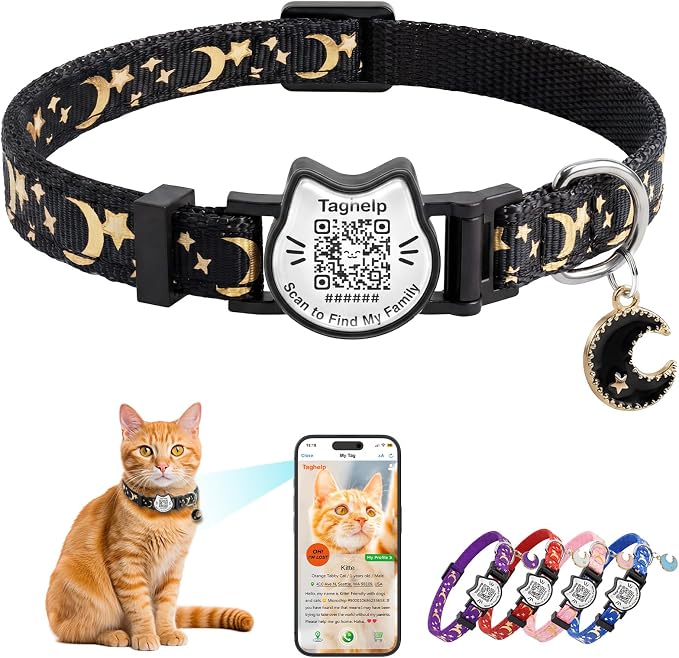 Smart QR Code Cat Collar with Online ID Profile - Breakaway Safety Collar with Bell, Glow in The Dark & Cute Moons Stars Pendant, Adjustable Kitten Collar for Girl Cats 7.0-12.5 Inch(Black)