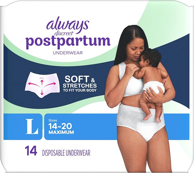 Always Discreet Postpartum and Adult Incontinence Underwear for Women, Large, Maximum Protection, 14 Count (Pack of 3)