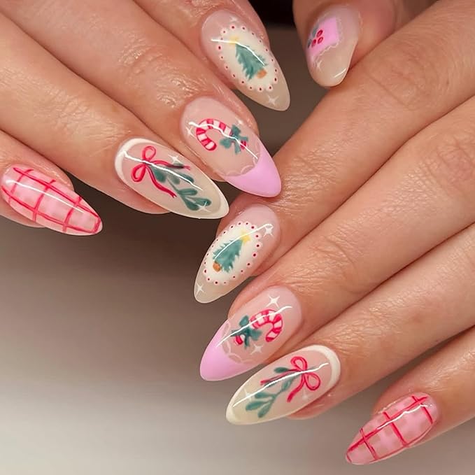 Christmas Press on Nails Bow Fake Nails Xmas Tree Glue on Nails Medium Almond False Nail Artificial Acrylic Glossy Full Cover Pink Stick on Nail for Women Manicure 24Pcs
