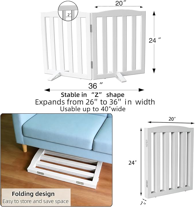 ZJSF Foldable Freestanding Indoor Dog Gate for House Wood White Long Pet Gates Dog Fence for Stairs Puppy Gates for Hallways,Pet Fence, Puppy Gate,Support Feet Included 24 "Height-2 Panels