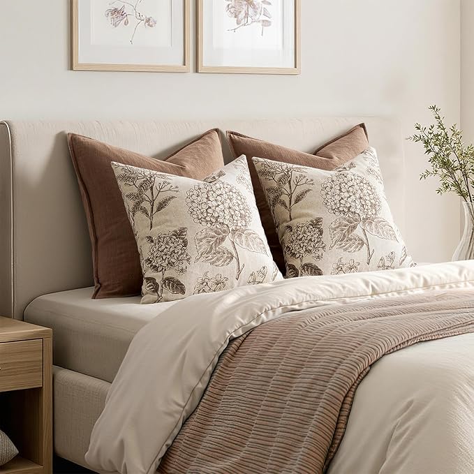 Set of 2 Decorative Floral Pillow Covers 16x16 Inch Light Brown | Neutral Hydrangea Print, Boho Vintage Throw Cushion Covers, Cottagecore Home Decor, for Sofa Couch Porch Bedroom Living Room