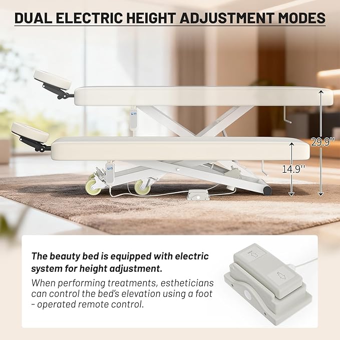 Electric Massage Table Bed - Facial Spa Treatment Table, Esthetician Bed with Wheel, Hand & Foot Pedal Dual Control Adjustable Height 440lbs, Professional Salon & Beauty Spa Use (Beige)