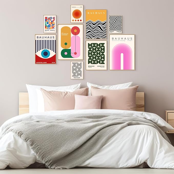 KBKBART 9PCS Eclectic Wall Art Decor, Modern Maximalist Wall Prints for Bedroom, Bauhaus Posters for Room Aesthetic, Retro Abstract Wall Collage Kit for Living Room, Funky Dorm Gallery Home Decor