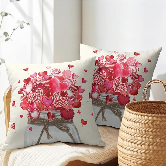 Valentine's Day Throw Pillow Covers 20x20 Set of 2 Pink Love Heart Lollipops Jar Decorative Pillow Cases Cotton Linen Cushion Cover for Wedding Dating Anniversary Decor Gift