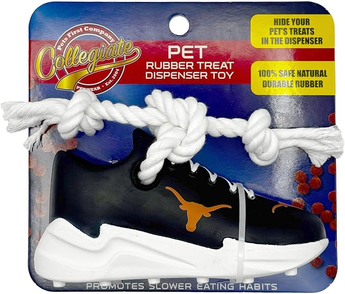 NCAA Texas Longhorns Cleat Sneaker Spike Dog Toy, Treat Dispenser Chew Toy for Dogs, Interactive Rope Tug Toy, Slow Feeder Natural Rubber Dog Toy with Official Team Logo for Puppies & Adult Dogs