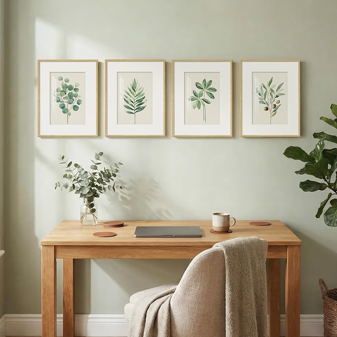 Framed Sage Green Botanical Wall Art for Bathroom, 4 Piece Farmhouse Minimalist Plant Artwork for Walls, Boho Green White Leaf Pictures Prints for Bedroom Kitchen Living Room Wall Decor, 11x14 Inch