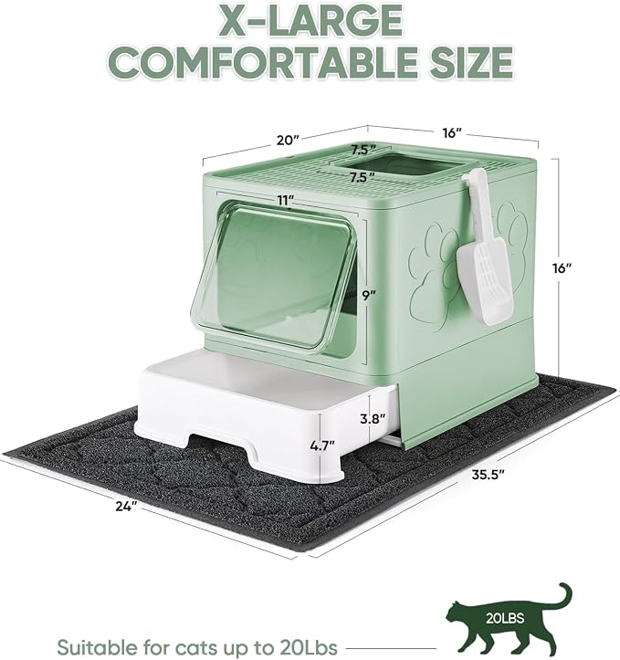 Medario Cat Litter Box with X-Large Litter Mat and Scoop(Upgrade Green) | Large Covered Litter Box with Lid, Enclosed Kitty Box,Front Top Entry Exit, Odor Control Easy to Clean