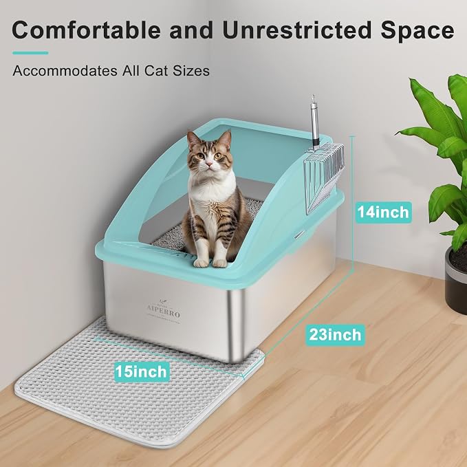 AIPERRO Stainless Steel Cat Litter Box | XXL Deepened 8" Design | Metal High Sided Box with Lid for Big Cats | Anti-Urine Leakage | Non-Stick & Easy to Clean with Litter Mat & Metal Scoop