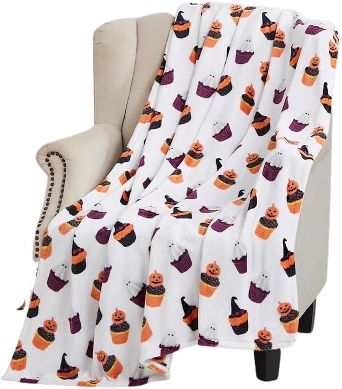 Halloween Ghost Fleece Throw Blanket, Cute Ghosts & Pumpkins, 50x60 | Ultra-soft cozy flannel fleece, for sofa bed couch chair & dorms, spooky Halloween décor, durable and machine washable.