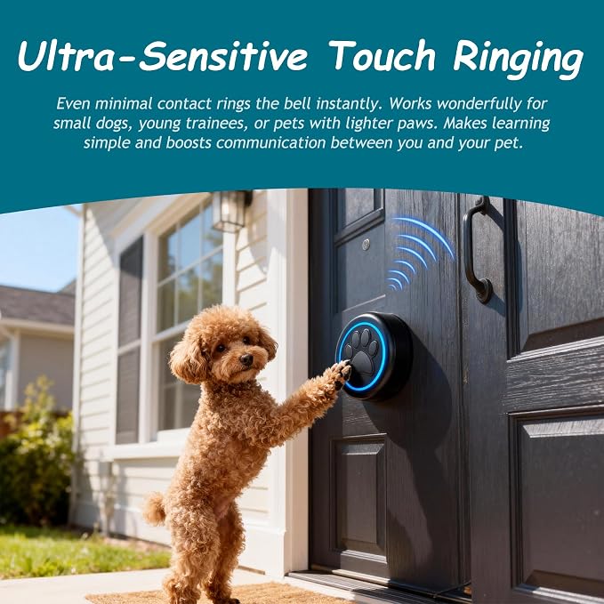 Halo Paw Smart Dog Door Bell–BK Dog Bells to Go Outside (2 Bells & 1 Chime) | Touch-to-Ring, LED Light Wireless Dog Buttons & Dog Clicker for Communication, Waterproof Bell for Dogs to Ring to Go Potty
