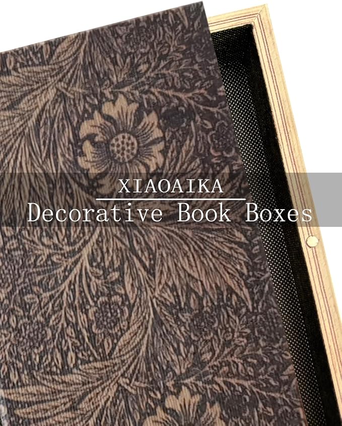 Wooden Book Box Set of 3 – Vintage Floral Designs with Linen Fabric Covers and Magnetic Closure, William Morris Style Hidden Storage for Bookshelf, Home or Office Decor