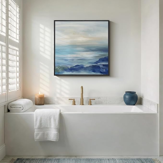 Framed Blue Abstract Wall Art Decor, Square Coastal Modern Canvas Artwork for Walls, Peaceful Abstract Seascape Ocean Painting, Wall Decor Print for Hallway Bedroom Bathroom Home Office, 24x24 Inch