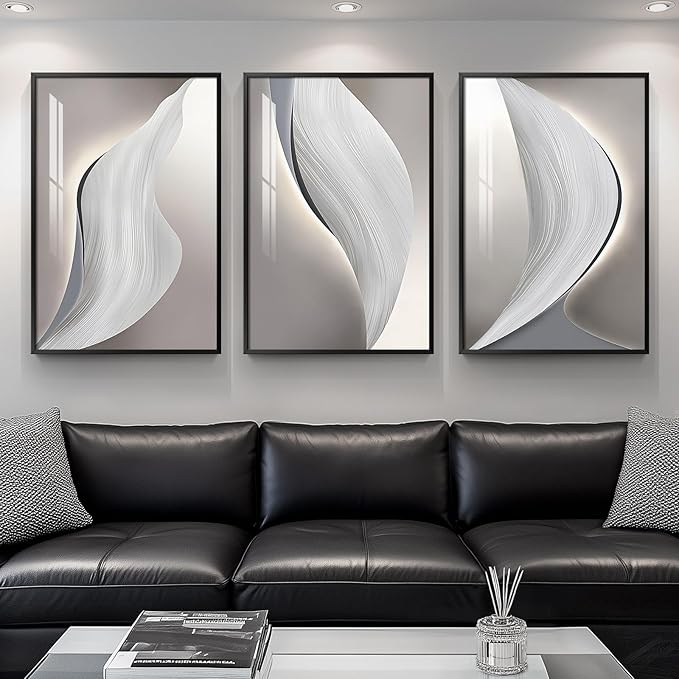 Large Framed Abstract Modern Wall Art for Living Room, 3 Piece Minimalist Grey and Silver Prints Wall Decor, Bright Style Artwork Paintings Pictures for Dining Room Hallway Office, 24x36 Inch