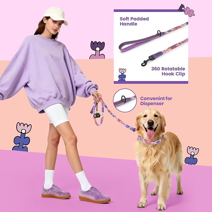 Dog Collar and Leash Set with QR ID Tag, 5 FT Leash, Purple, S
