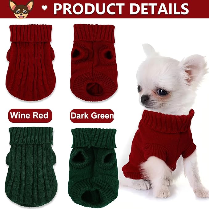 2 Pack Dog Sweaters for Small Dogs, Chihuahua Yorkie Sweater, Puppy Clothes Winter Warm Pullover Clothing, Pet Cat Cold Weather Puppy Cold Outfits