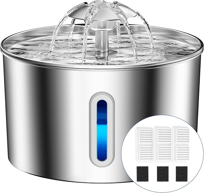 Cat Water Fountain Stainless Steel - 108oz/3.2L Automatic Large Pet Watering Bowl Dispenser for Indoor Cats - Drinking Fountains with 3 Filter for Dogs and Kitty - Outdoor Dog Waterer Bowls No Spill