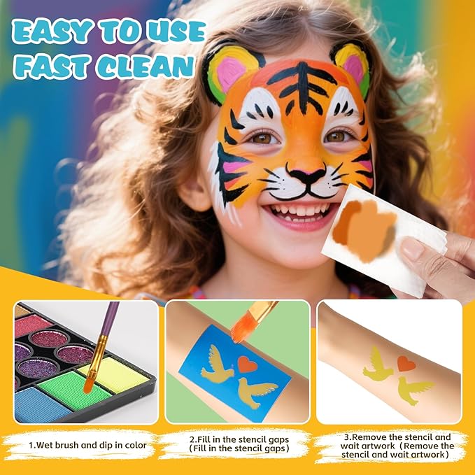 Face Painting Kit for Kids - 42 Colors Washable Face Paint Professional Face Paint Kit, with Brushes, Stencils, Palette, Gems, Crayon, Non-Toxic Body Makeup for Kids (Face Painting Kit)