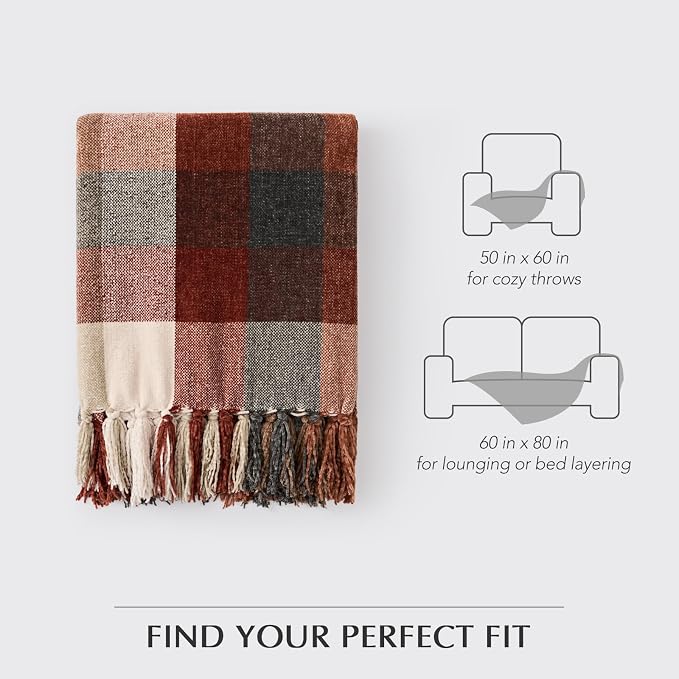 Plaid Chenille Fall Throw Blanket, 60"x80", Harvest Orange Plaid | Super Soft Knit Throw with Tassels, Cozy, Decorative Rustic Farmhouse Decor for Autumn, Ideal for Couch Bed Sofa Gift