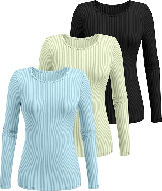 Ficerd 3 Pack Women's Ribbed Long Sleeve Tops, Crew Neck Slim Fit Undershirts Knit Basic Casual Stretch Layering Tee Shirts