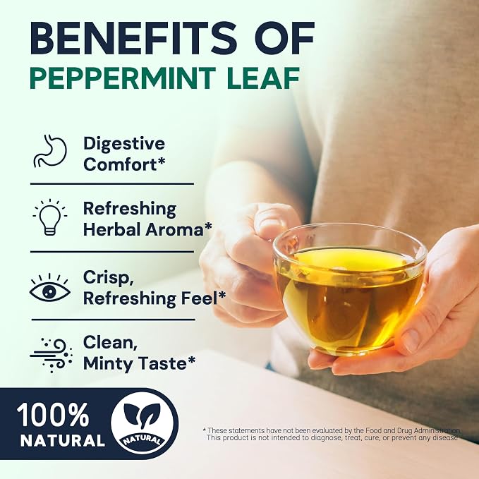 Hiihone Peppermint Tea Bags, Pure & Natural Peppermint Leaves, Fresh Minty Herbal Tea, Naturally Caffeine-Free, Non-GMO, Enjoy Hot or Iced, 100 Tea Bags