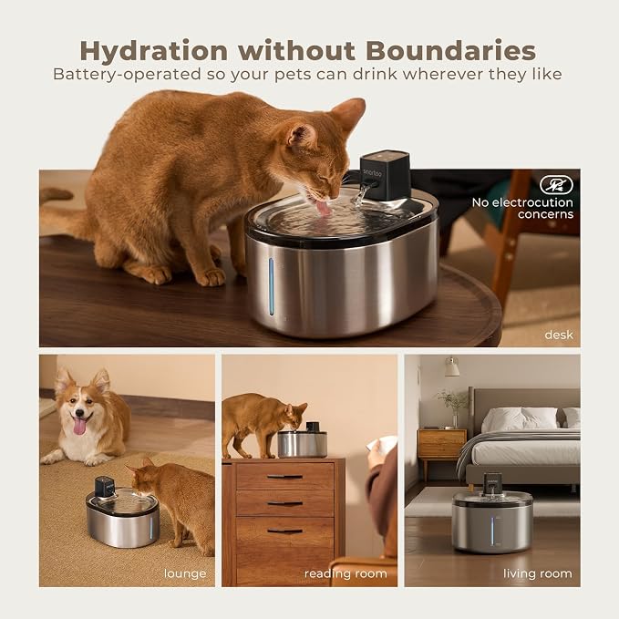 Smartoo Wireless Cat Water Fountain Stainless Steel,152oz/4.5L Cat Fountain | Battery Operated,Cordless Pet Water Fountain for Cats & Dogs, Motion Sensor,Ultra Quiet Pump, Water Fountains for Cats Indoor