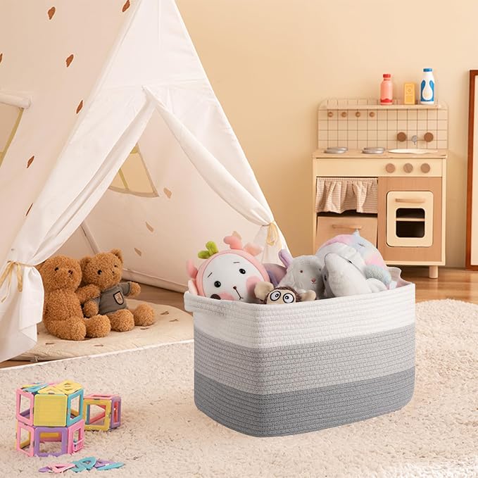 OIAHOMY Woven Storage Basket, Cotton Rope Baskets for Toys,Towel, Clothes, Used to Bathroom,Living Room,Nursery,Bedroom, 16"x12"x10"- Pack of 3, Gradient Gray