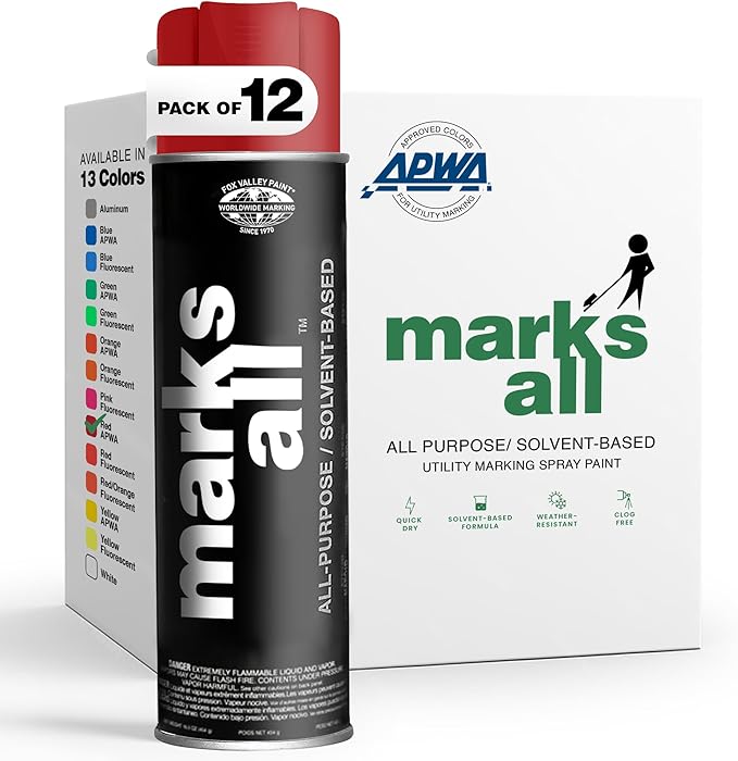 Fox Valley 18oz Marks All Solvent-Based Marking Paint Spray, 12-Pack Red APWA – Long-Lasting, Weather-Resistant Spray Paint for Wet or Dry Surfaces Like Metal, Grass, Concrete, Wood, & More