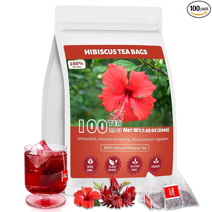 Hibiscus Tea Bags, 100% Natural Hibiscus Flowers Herbal High Blood Pressure Tea Bags, No Sugar/Gluten, Caffeine Free-100 Count (Pack of 1)