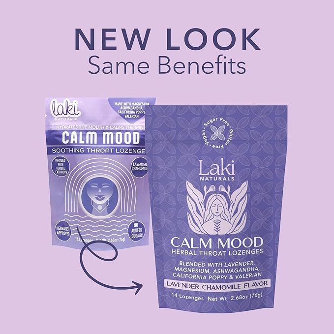 Laki Naturals Lavender Chamomile Calm Mood Functional Herbal Lozenges (2 Pack) Throat & Mood Calming Hard Candies with Magnesium, Ashwagandha, California Poppy & Valerian