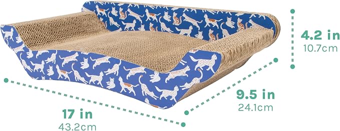 Kitty City Corrugate Sofa Lounger Cat Scratcher - Couch Bed Scratch Pad, Horizontal Nail File Scratch Mat for Indoor Cats, Sturdy Construction Cat Toy - Orange Kitty Pattern, 17” x 9.5”