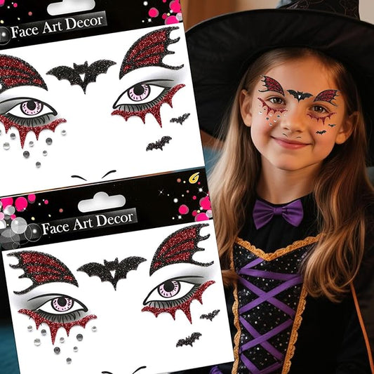 Halloween Bats Glitter Face Tattoo Stickers for Kids - Self-Adhesive Temporary Body Art Makeup for Halloween,Cosplay, Festival - Halloween Tattoo Face Sticker - 2Pcs (Bats)