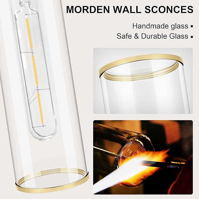 Gold Wall Sconces, Bathroom Sconces Vanity Light Fixtures with Clear Glass, Set of 2, Brushed Gold Sconces Wall Decor, for Living Room/Bathroom Corridor Mirror/Bedroom Hallway Stairwell