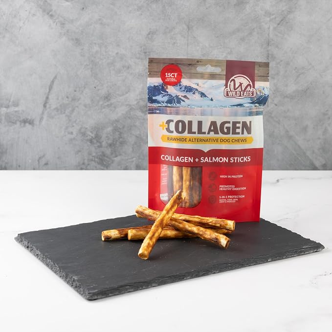 Wild Eats Real Salmon Collagen Bully Sticks for Dogs, 15 Count, 1cm Thick | Long lasting chew treats, satisfies natural gnawing urges, keeps pups busy and engaged, suits small, medium and big breeds