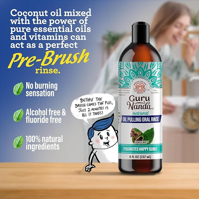 GuruNanda CocoMint Oil Pulling Mouthwash for Complete Oral Hygiene, 7 Essential Oils & Vitamins for Happy Teeth & Gums & Fresh Breath, with 2 Toothbrushes & 2 Tongue Scrapers, Alcohol-Free, 3X8 oz