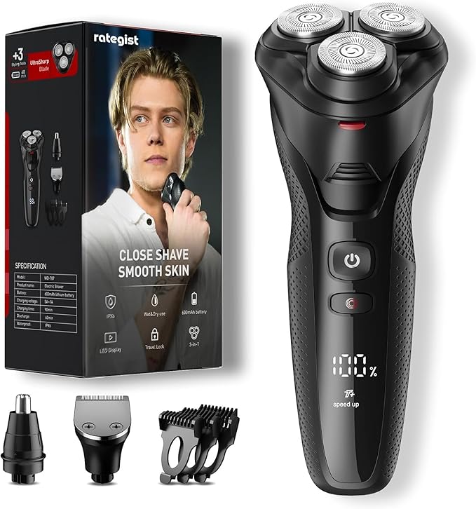 rategist Cordless Electric Razor for Men: 3-in-1 Shaver for Beard/Nose/Sideburns - IPX7 Waterproof Travel Kit - Turbo Speed & Precision Blades