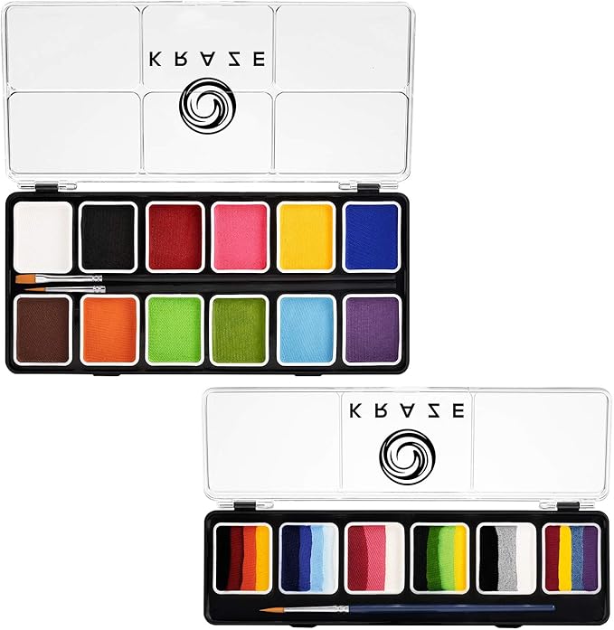 Kraze FX Face Paint Palette Set Of 2 - Fundamentals & Splash, Value Pack of 12 Basic Solid Colors & 6 Fun Split Cakes Palette with Brushes, Professional Face Painting Starter Kit